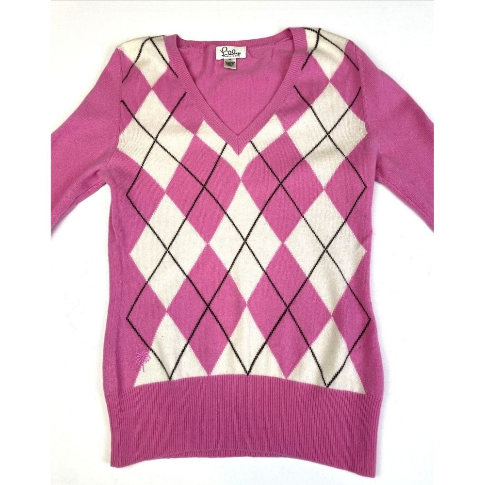 Lily Pulitzer Women's Argyle Cashmere Sweater XS Pink White V Neck